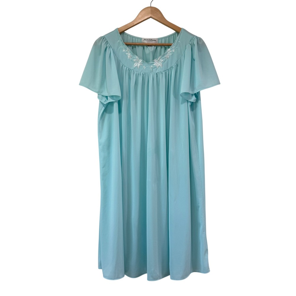 Miss Elaine Tricot Nylon Short Nightgown Light Blue Sz XL Short Flutter Sleeves